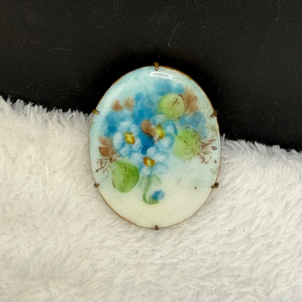 Vintage Victorian Hand Painted Floral Brooch Blue Enamel Oval Brass Tone